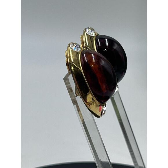 Kenneth Jay Lane Oval Brown Glass Cabochon Vintage Rhinestone Clip Earring‎ - Picture 6 of 16